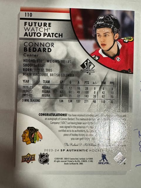 CONNOR BEDARD 2023-24 SP Authentic Future Watch Auto Patch 1/1 Chicago Blackhawks 6 color Patch