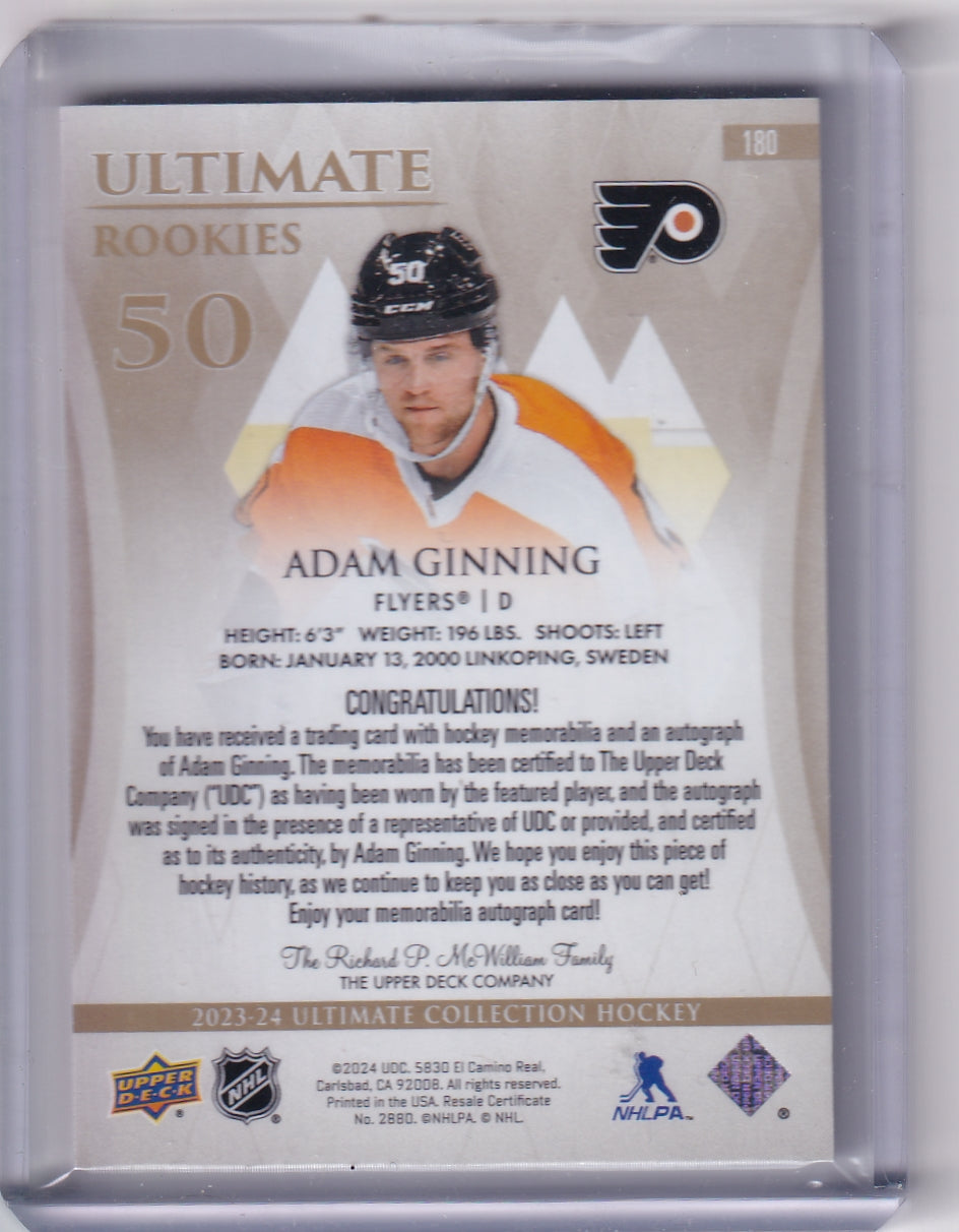 Adam Ginning Ultimate Rookie Patch Auto RPA /99 Card #180 2023-24 Upper Deck Ultimate Collection Rookie Card RC Philadelphia Flyers