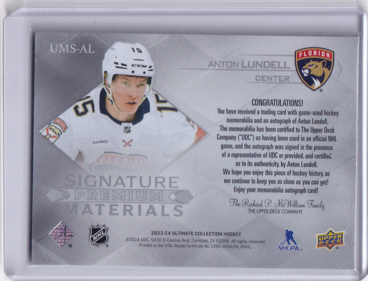 Anton Lundell Signature Premium Materials Jersey Auto /99 2023-24 Upper Deck Ultimate Collection Florida Panthers