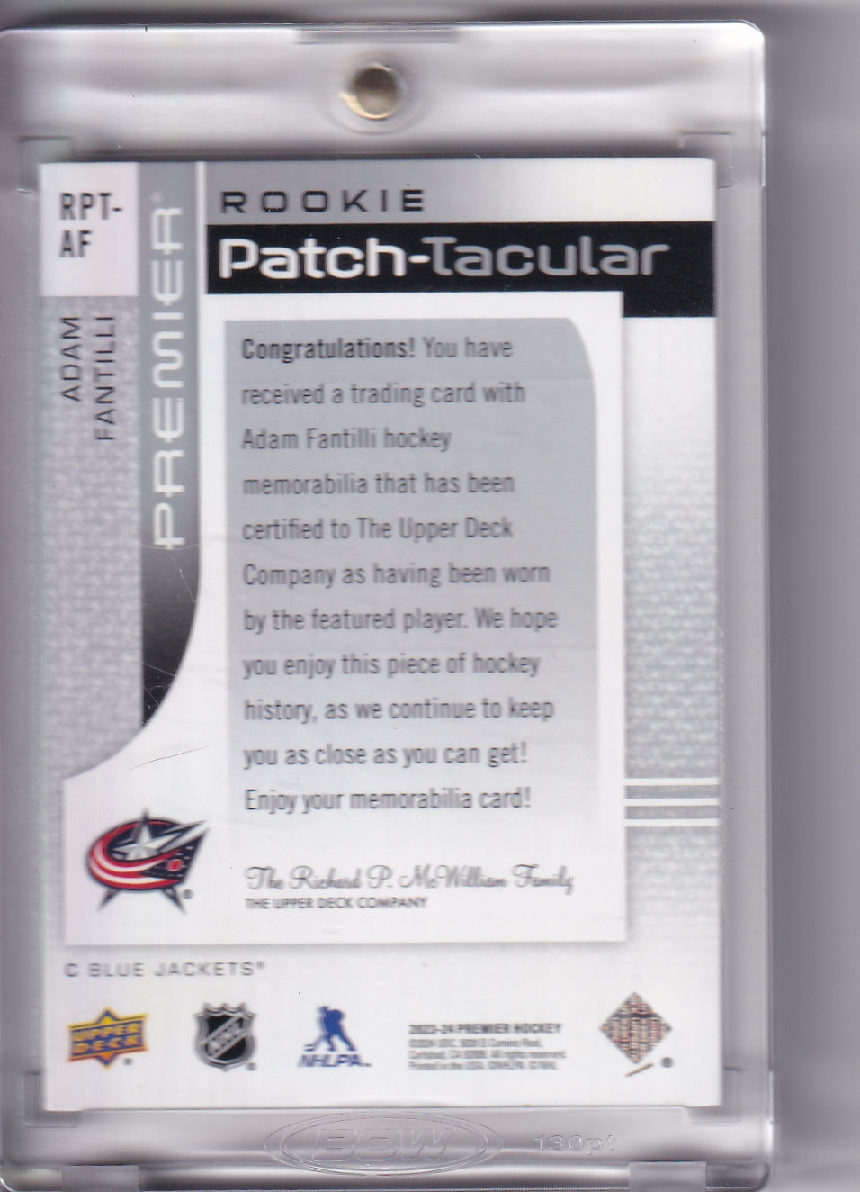 Adam Fantilli Rookie Patch-Tacular /25 RPT-AF 2023-24 Upper Deck Premier Rookie Card RC Columbus Blue Jackets