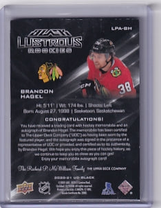 Brandon Hagel Black Lustrous Rookies Patch Auto 056/125 Card LPA-BH 2020-21 Upper Deck Black Rookie Card RC Chicago Blackhawks