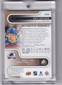 Ben Meyers Authentic Rookies Patch Auto 40/49 Card #206 2022-23 Upper Deck SP Game Used Rookie Card RC Colorado Avalanche
