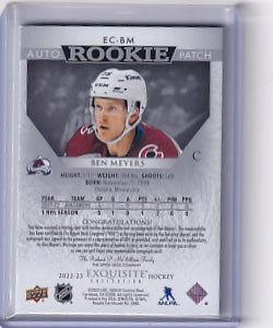 Ben Meyers Exquisite Collection Rookie Patch Auto 31/59 Card EC-BM 2022-23 Exquisite Collection Rookie Card RC Colorado Avalanche