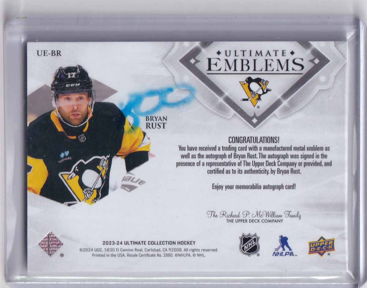 Bryan Rust Ultimate Emblems Auto Card UE-BR 2023-24 Upper Deck Ultimate Collection Pittsburgh Penguins