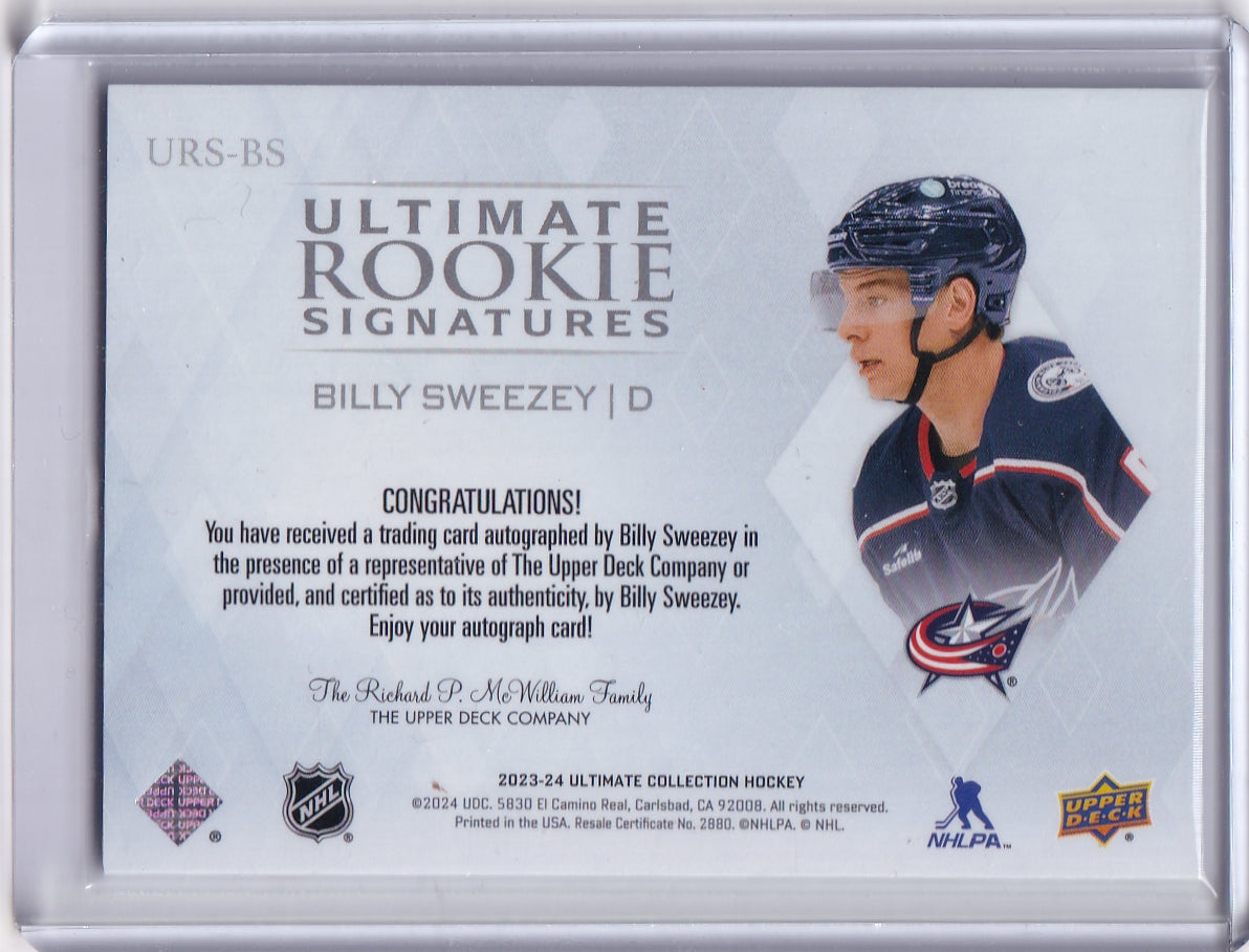 Bill Sweezey Ultimate Rookie Signatures Auto Card URS-BS 2023-24 Upper Deck Ultimate Collection Rookie Card RC Columbus Blue Jackets