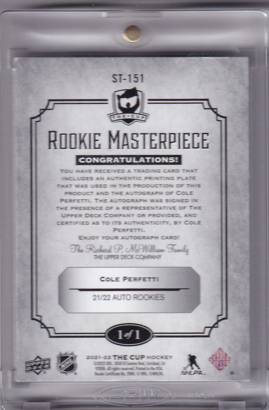 Cole Perfetti Rookie Masterpiece Printing Plate Autograph One Of One 1/1 ST-151 2021-22 Upper Deck The Cup Rookie Card RC Winnipeg Jets