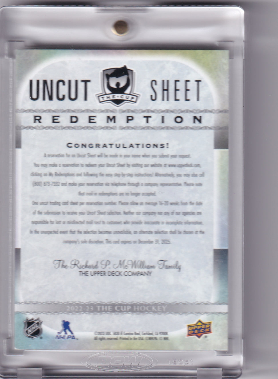 2022-23 Upper Deck The Cup Rookie Patch Auto & Gold Foil Rookies Autograph Patch Uncut Sheet Redemption Rookie Card RC