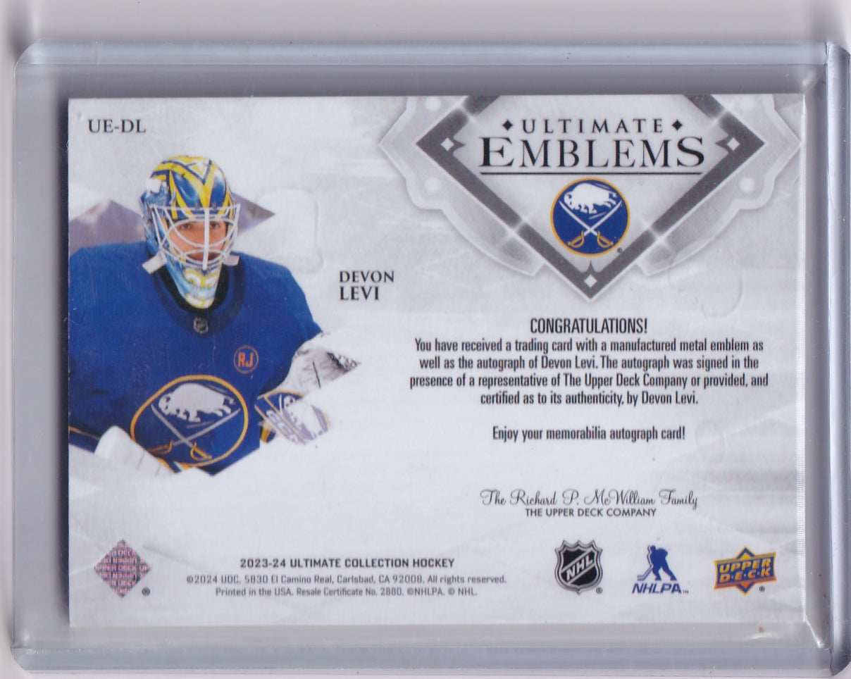 Devon Levi Ultimate Emblems Gold Rookie Auto /99 Card UE-DL 2023-24 Upper Deck Ultimate Collection Rookie Card RC Buffalo Sabres