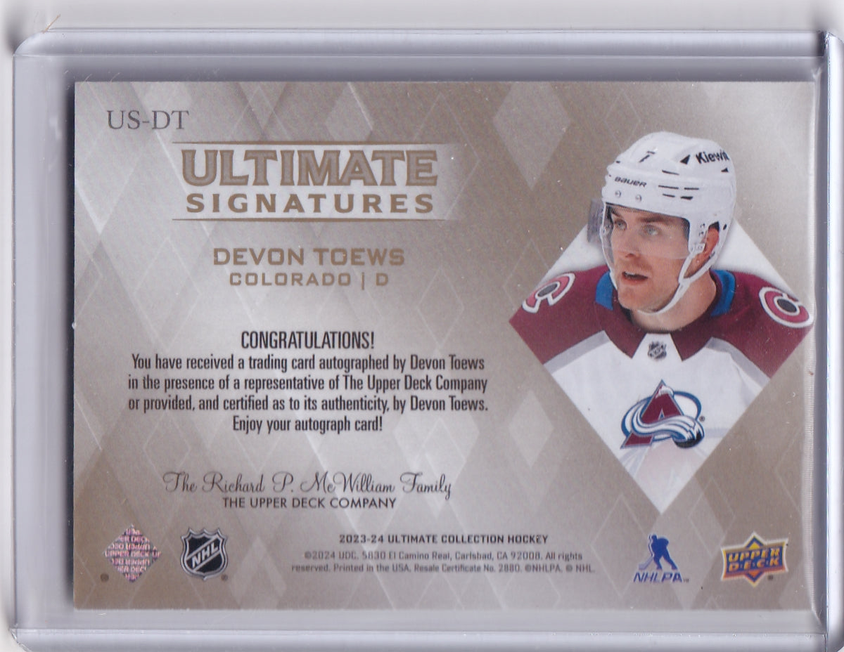 Devon Toews Ultimate Signatures Gold Auto /10 Card US-DT 2023-24 Upper Deck Ultimate Collection Colorado Avalanche