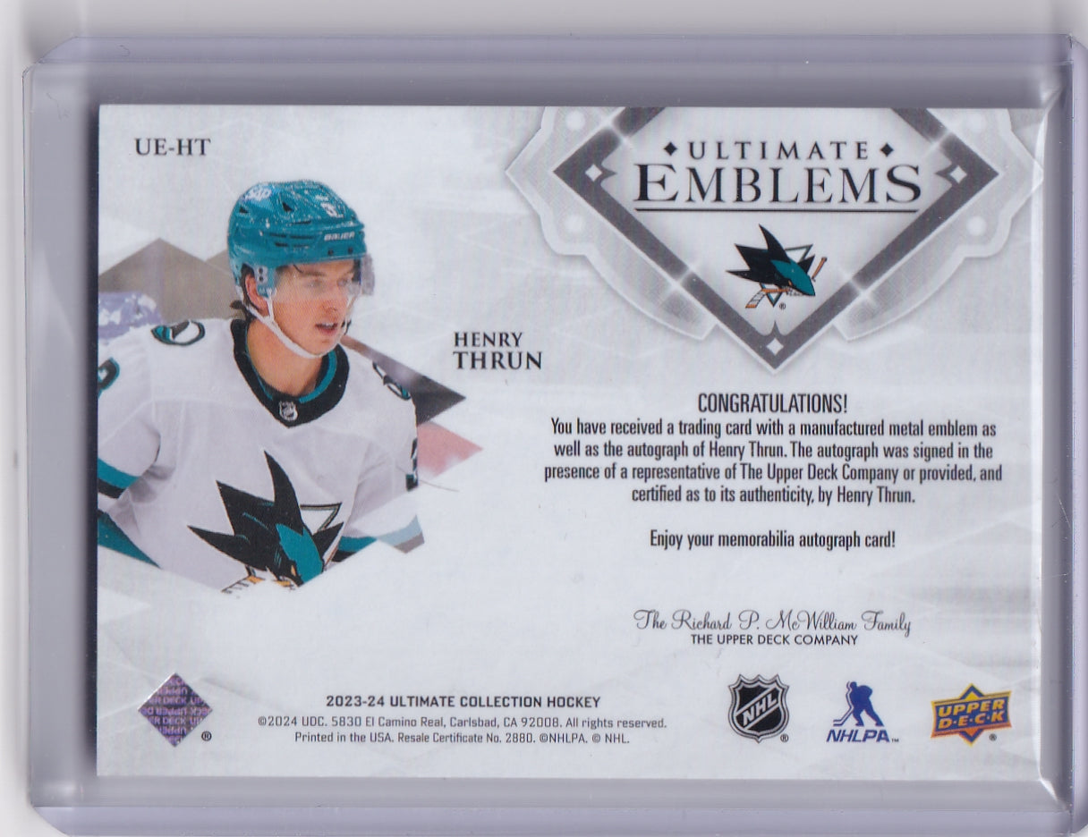 Henry Thrun Ultimate Emblems Rookie Auto Card UE-HT 2023-24 Upper Deck Ultimate Collection Rookie Card RC San Jose Sharks