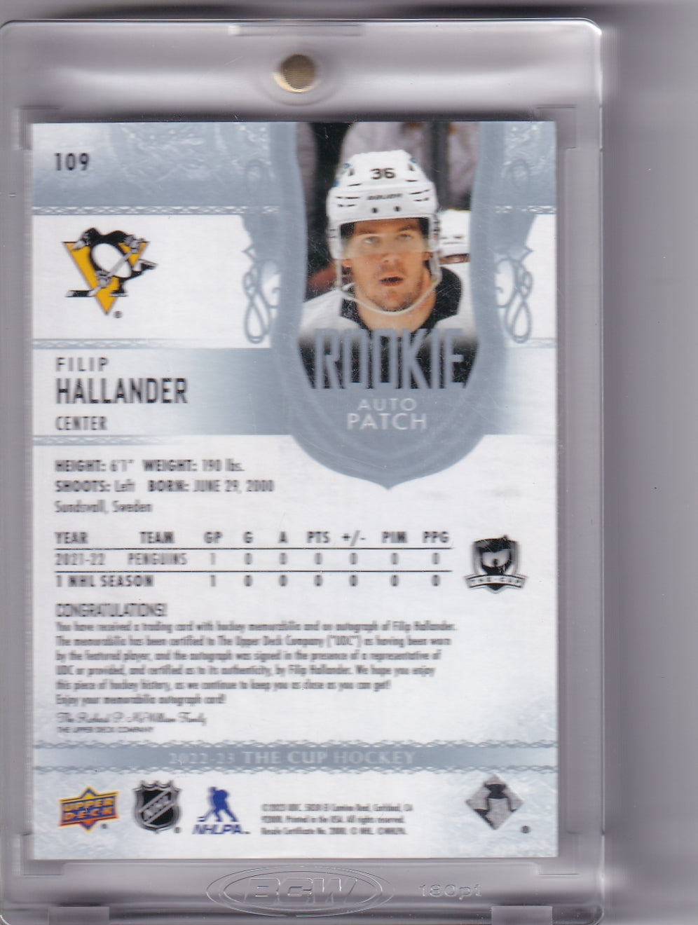 Filip Hallander Rookie Patch Auto /249 #109 2022-23 Upper Deck The Cup Rookie Card RC Pittsburgh Penguins