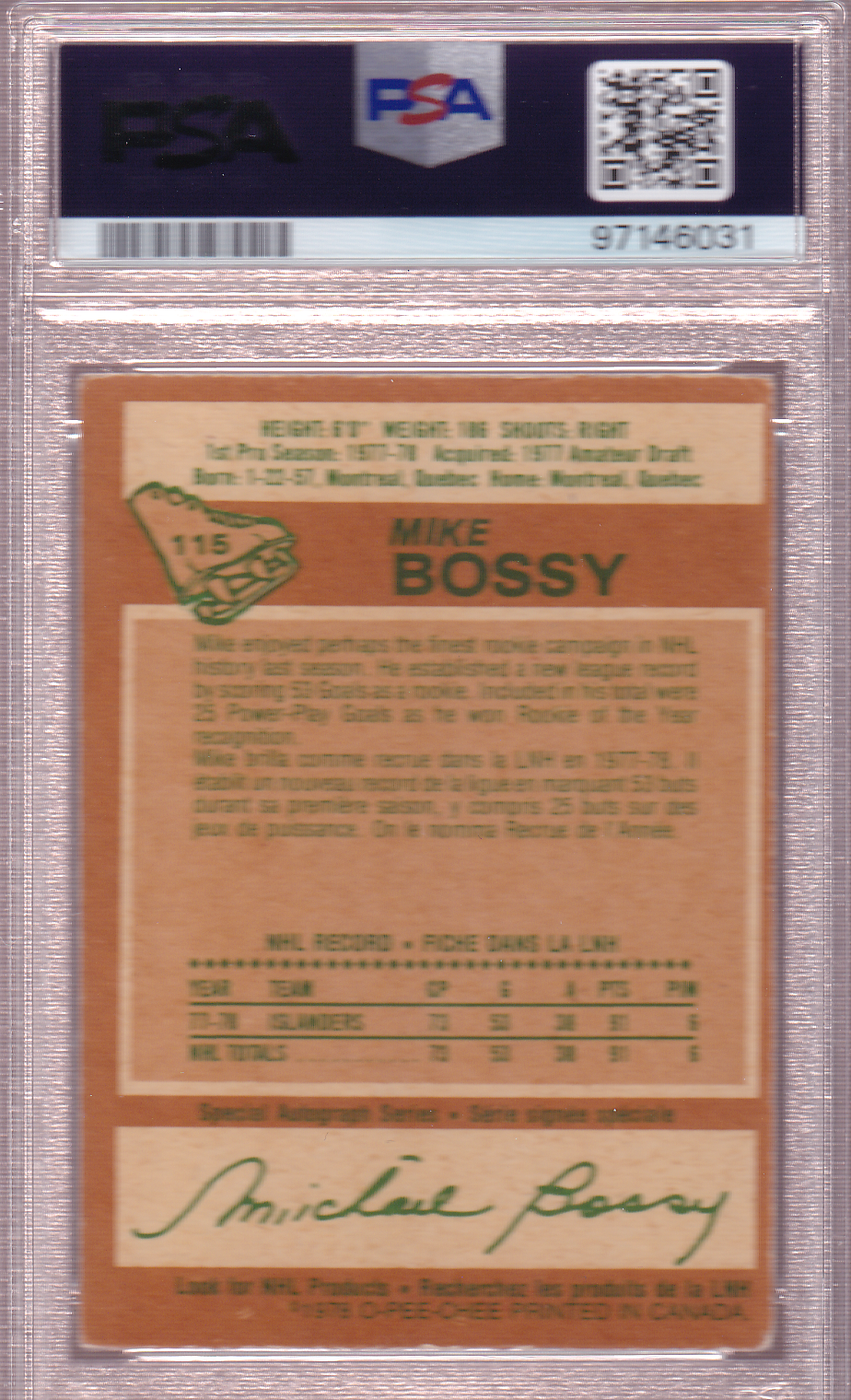 MIKE BOSSY 1978-79 O-pee-Chee OPC Rookie Card RC #115 PSA 3 New York Islanders