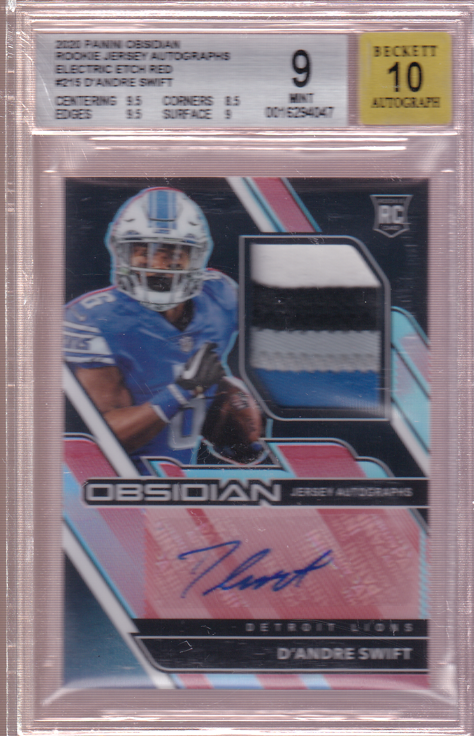 D'ANDRE SWIFT 2020 Panini Obsidian Rookie Jersey Autograph - Electric Etch Red 06/10 BGS 9 / Auto 10 Card RC #215 Detroit Lions