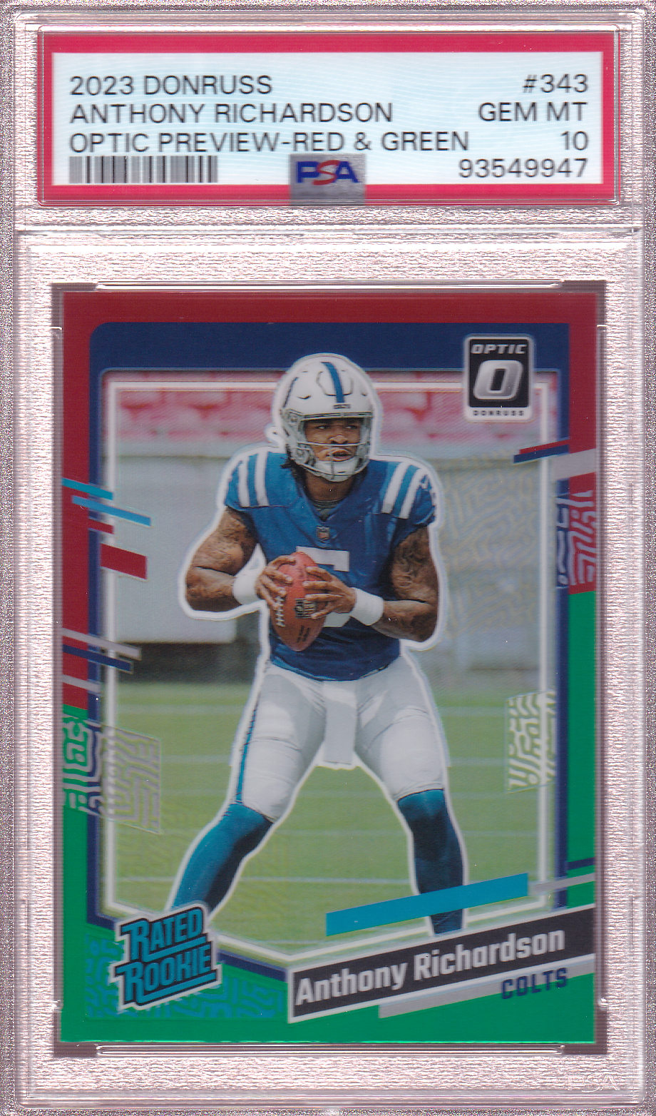 ANTHONY RICHARDSON 2023 Donruss - Optic Preview Rated Rookie - Red & Green Card RC #343 PSA 10 Indianapolis Colts
