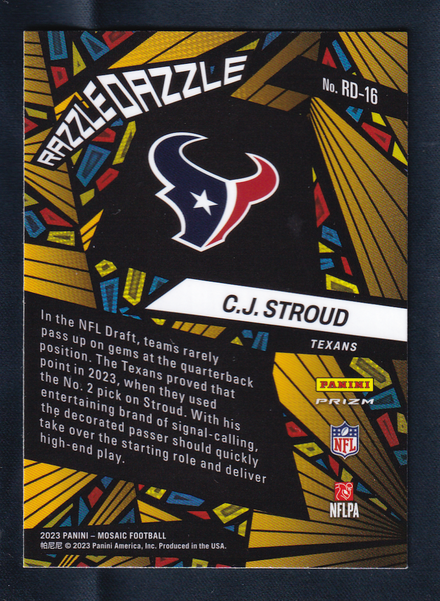 C.J. Stroud 2023 Panini Mosaic RAZZLE DAZZLE case Hit Rookie Card RC #RD-16 Houston Texans CJ
