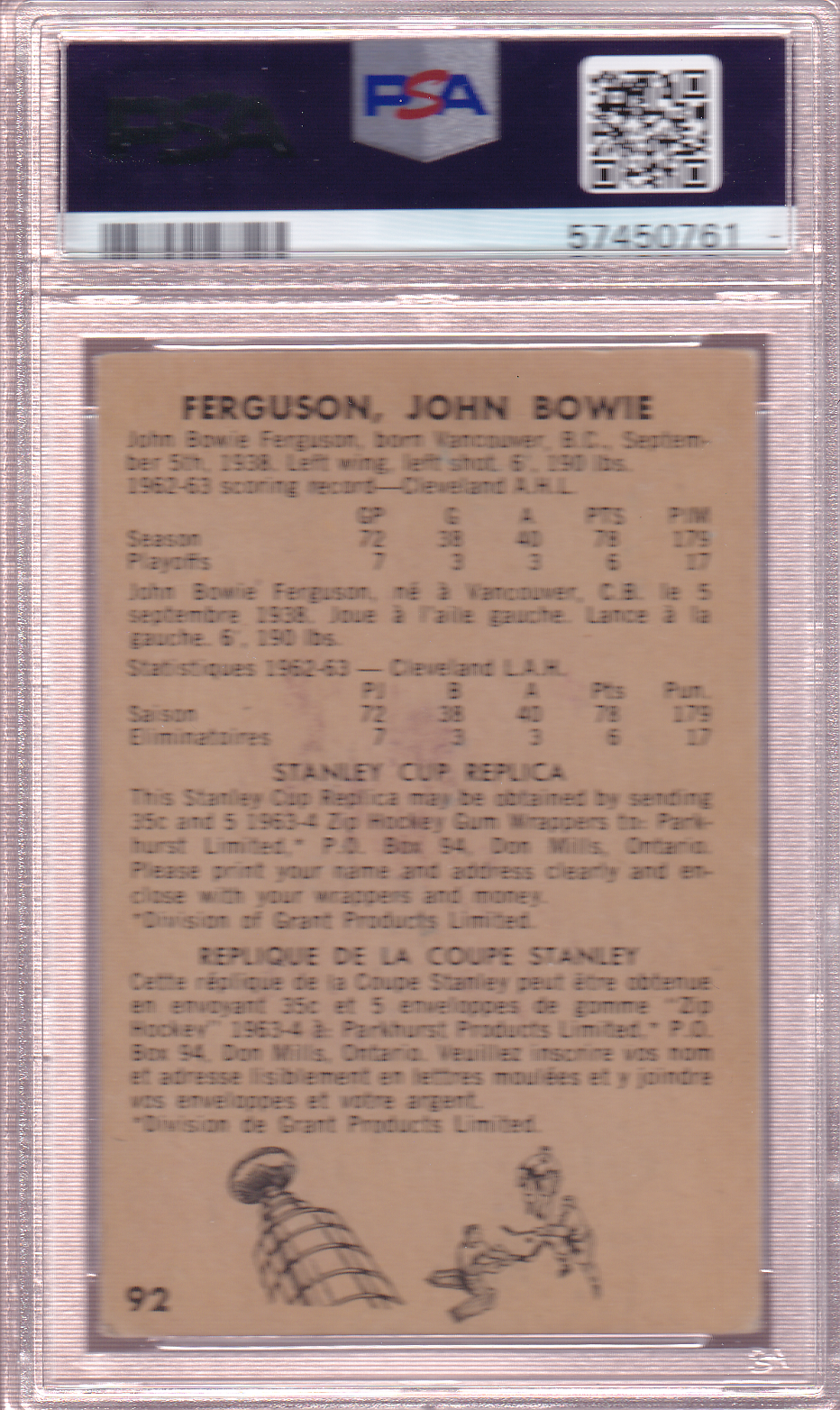 JOHN FERGUSON 1963-64 Parkhurst Rookie Card #92 RC Montreal Canadiens PSA 4