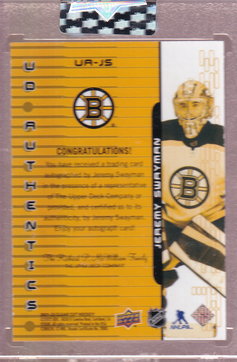 JEREMY SWAYMAN 2021-22 UD Clear Cut Ionix Auto Rookie Card # UA-JS encapsulated Boston Bruins