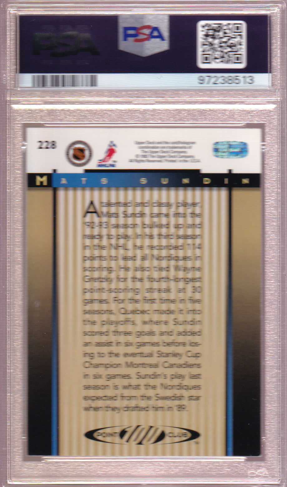 MATS SUNDIN Autographed 1992-93 Upper Deck 100 Point Club #228 Quebec Nordiques PSA/DNA Certified Authentic Auto