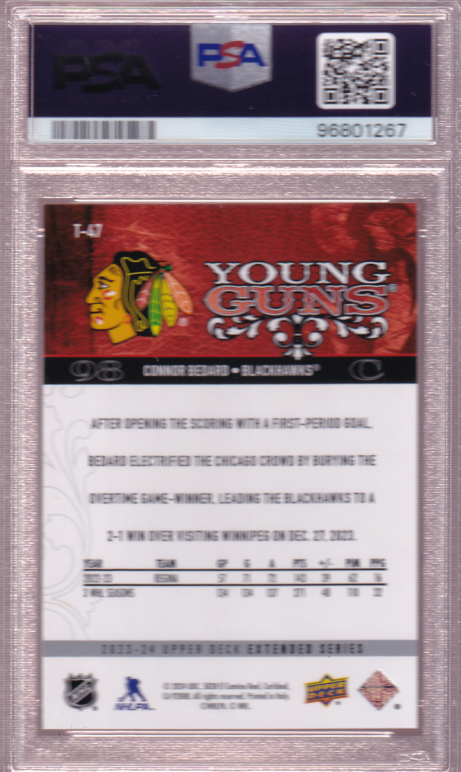 Connor Bedard 2023-24 UD 2008-09 Retro Young Guns Rookie Card RC #T-47 PSA 10 Chicago Blackhawks