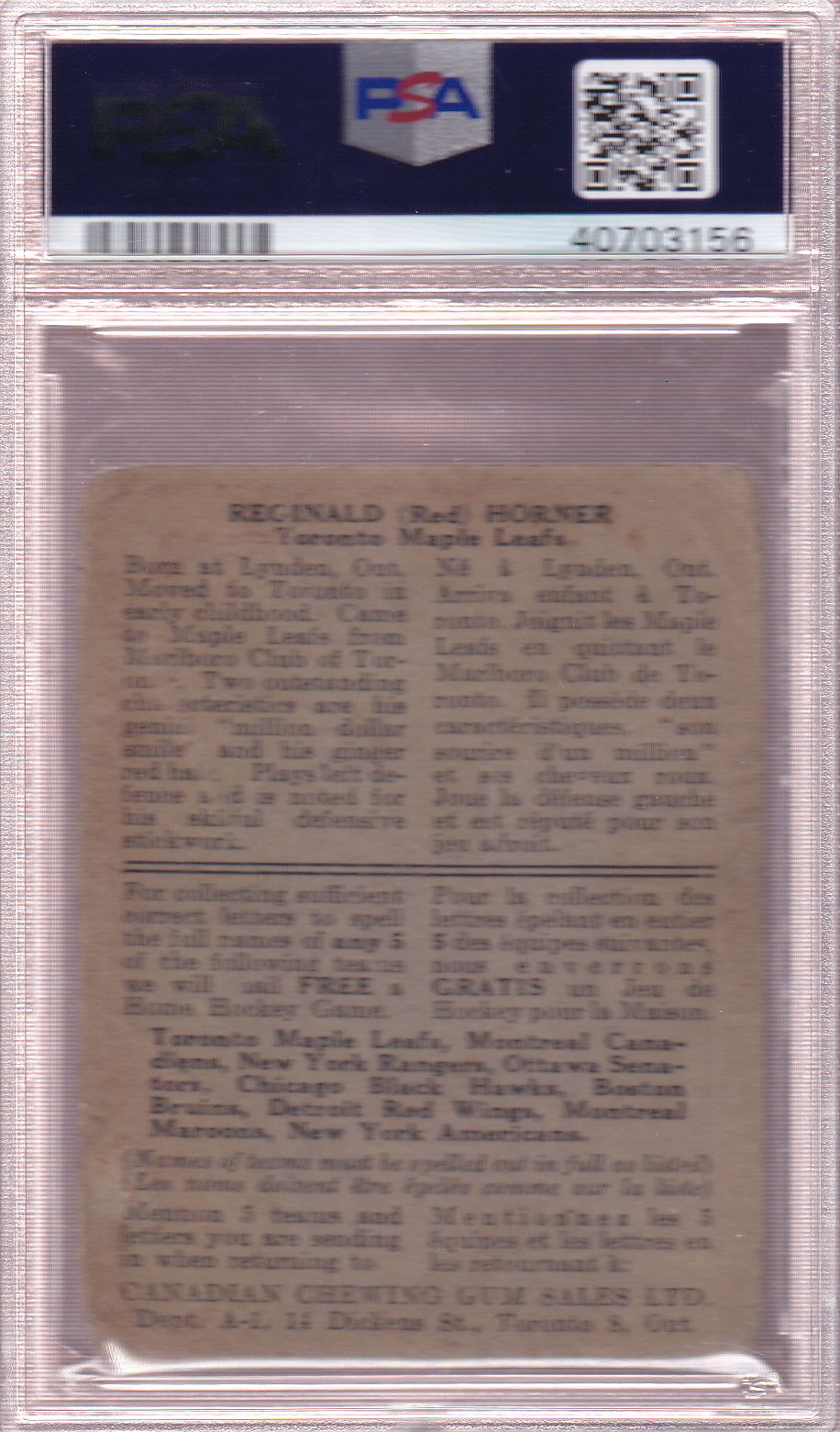 RED HORNER 1933-34 O-Pee-Chee Rookie PSA 1 Toronto Maple Leafs OPC