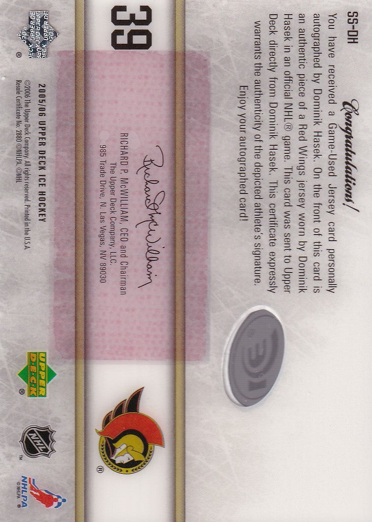 DOMINIK HASEK 2005-06 UD Ice Signature Swatches