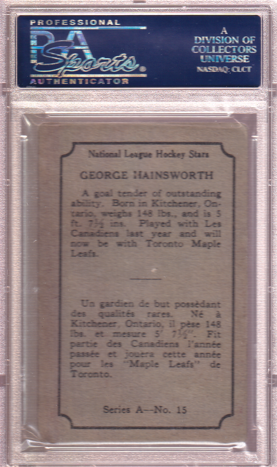 GEORGE HAINSWORTH 1933-34 O-Pee-Chee Series A Rookie PSA 3 Toronto Maple Leafs OPC