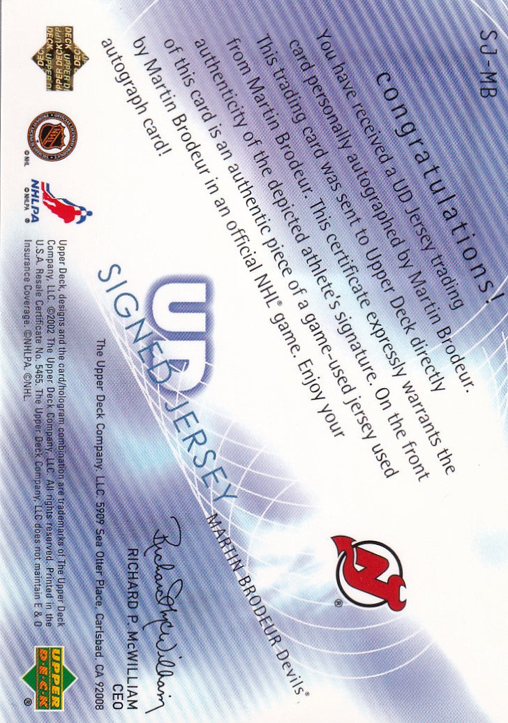 MARTIN BRODEUR 2002-03 UD Signed Jersey /150