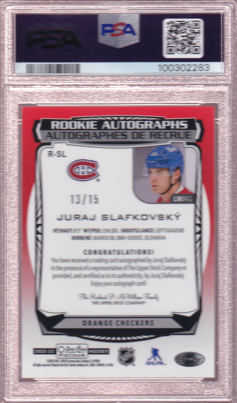 JURAJ SLAFKOVSKY 2022-23 O-Pee-Chee Platinum Orange Checkers 13/15 Rookie Autograph Card #R-SL OPC PSA 10 RC Montreal Canadiens
