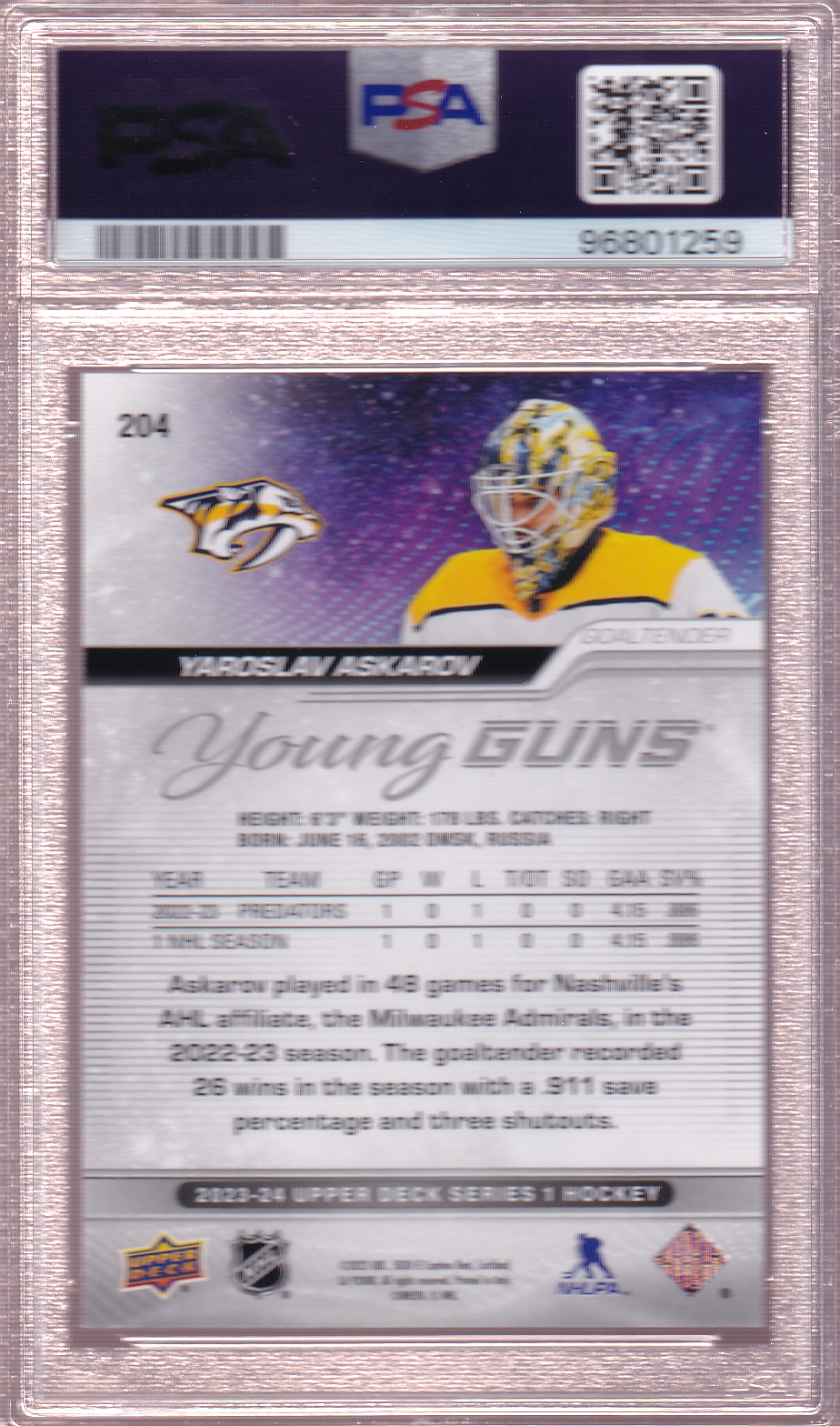 YAROSLAV ASKAROV 2023-24 Upper Deck UD Young Guns Rookie Card PSA 10 RC #204 Nashville Predators