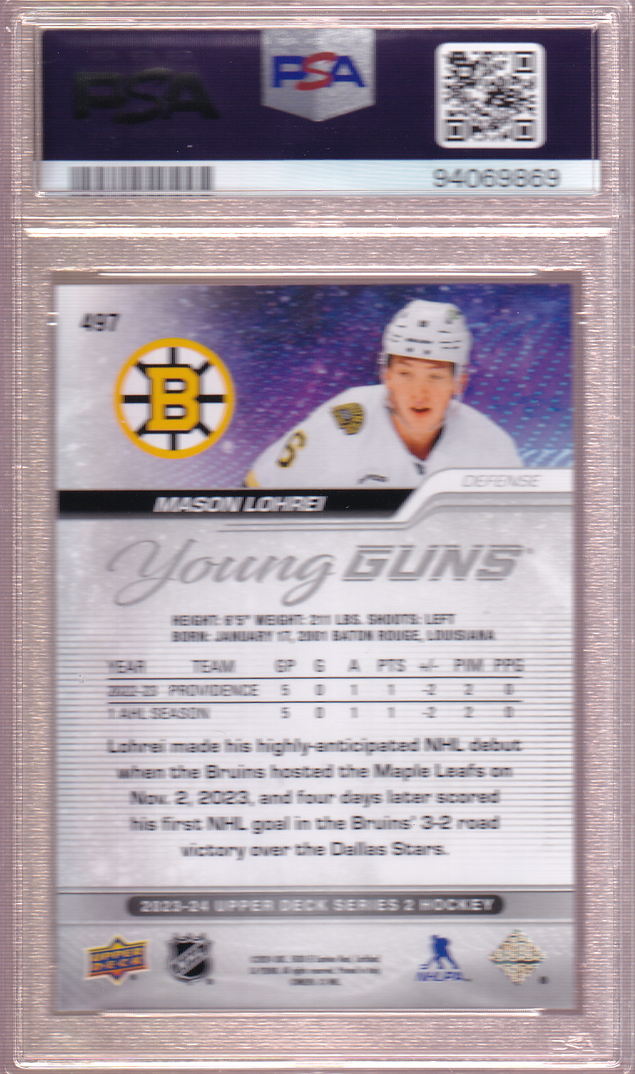 MASON LOHREI 2023-24 Upper Deck UD Young Guns Rookie Card PSA 10 RC #497 Boston Bruins