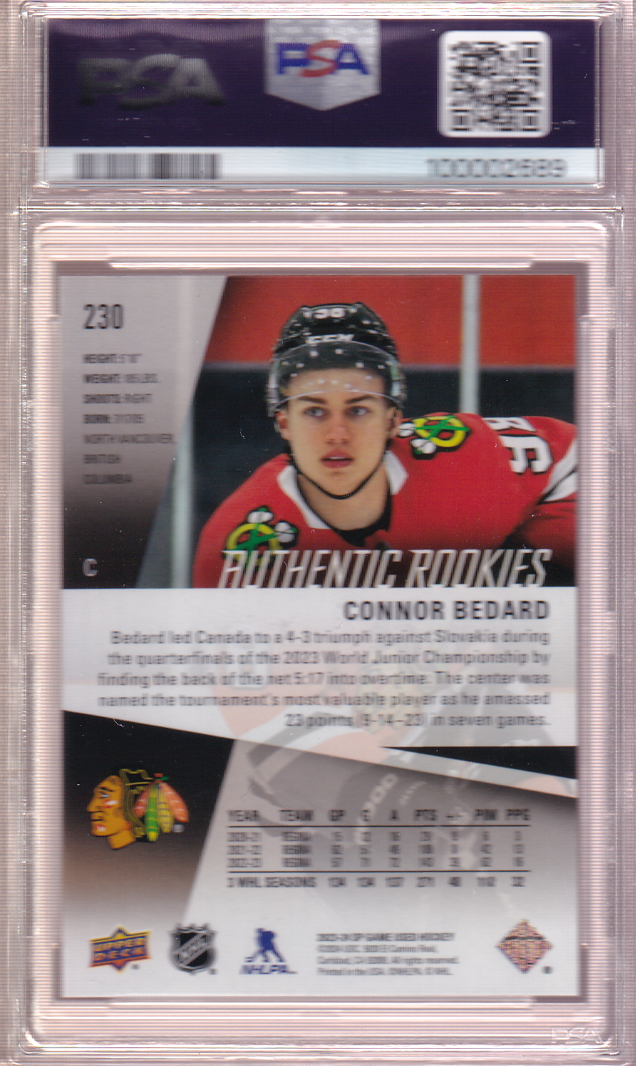 Connor Bedard 2023-24 SPGU SP Game Used Gold 114/123 Rookie Card #230 RC PSA 9 Chicago Blackhawks