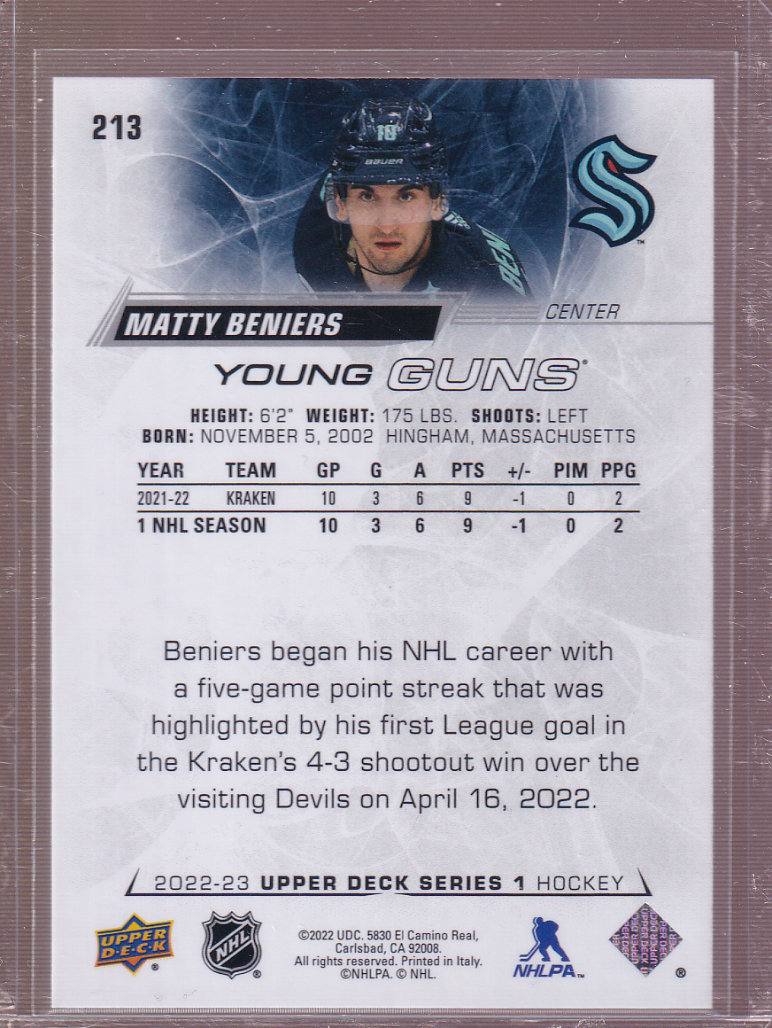 MATTY BENIERS 2022-23 Upper Deck Young Guns Rookie Card #213 RC SEATTLE KRAKEN