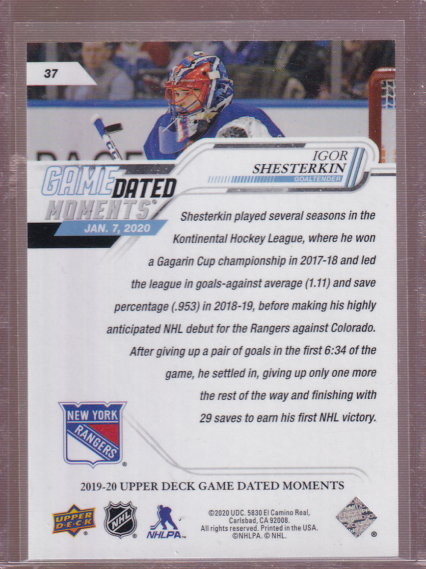 IGOR SHESTERKIN 2019-20 UD Game Dated Moments Rookie Card RC #37 New York Rangers