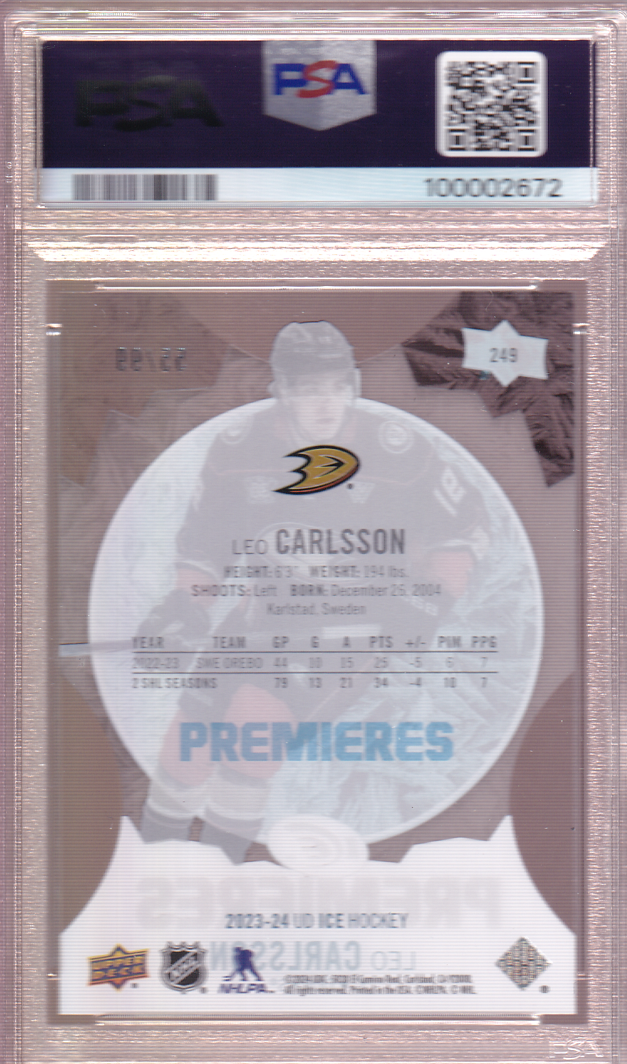LEO CARLSSON 2023-24 UD Ice Rookie Premieres Card 55/99 RC #249 PSA 9 Anaheim Ducks