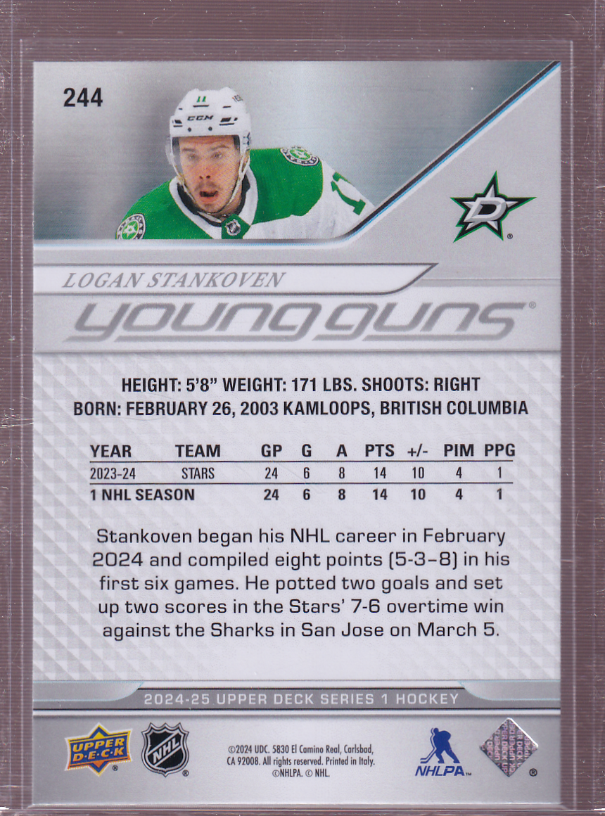LOGAN STANKOVEN 2024-25 Upper Deck UD Young Guns Rookie Card #244 RC Dallas Stars