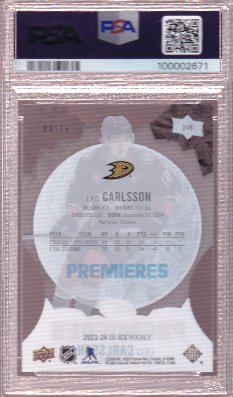 LEO CARLSSON 2023-24 UD Ice Rookie Premieres Card 53/99 RC #249 PSA 10 Anaheim Ducks