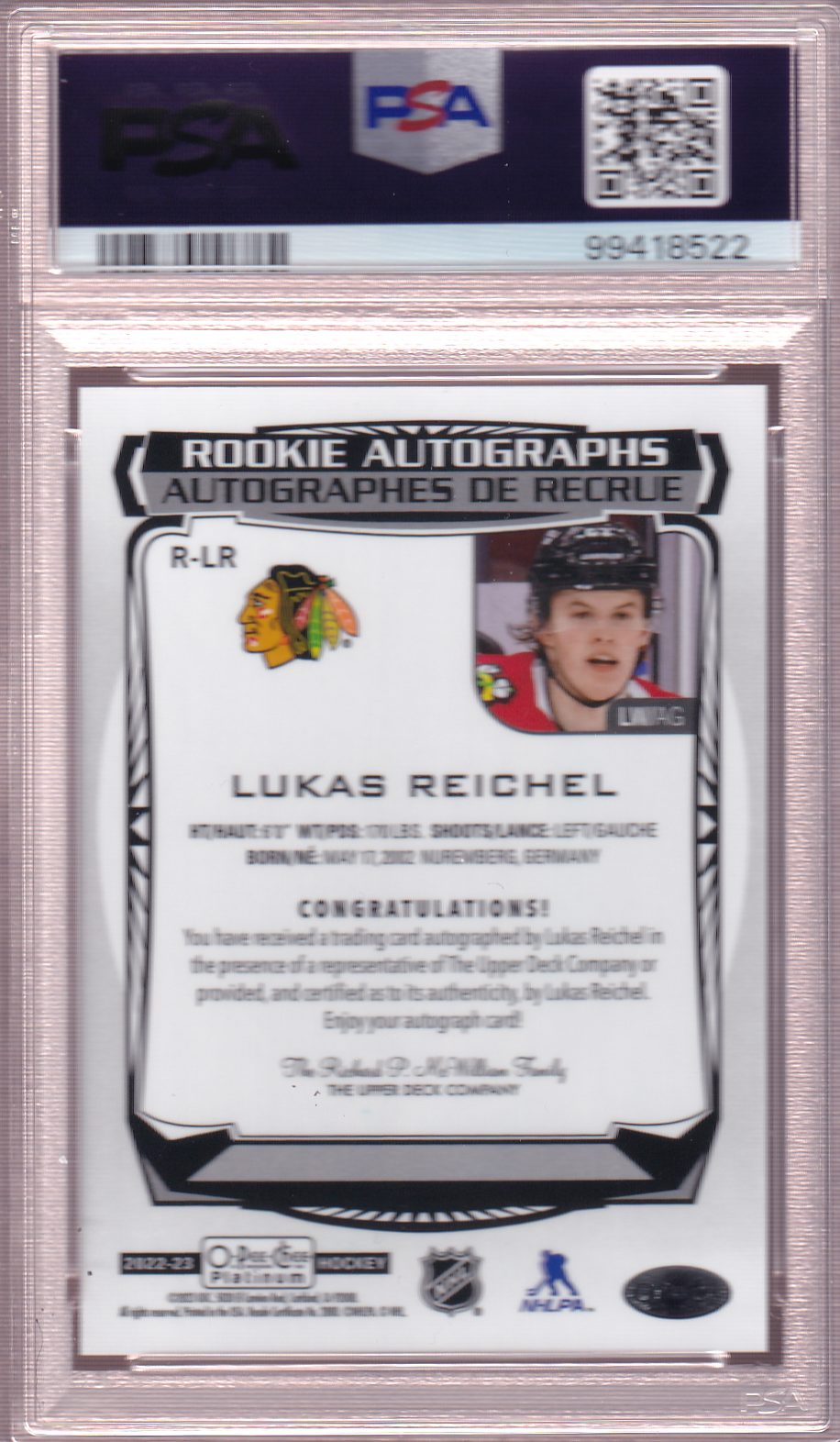 LUKAS REICHEL 2022-23 O-Pee-Chee Platinum Rookie Autograph card #R-LR PSA 10 Chicago Blackhawks OPC Auto RC