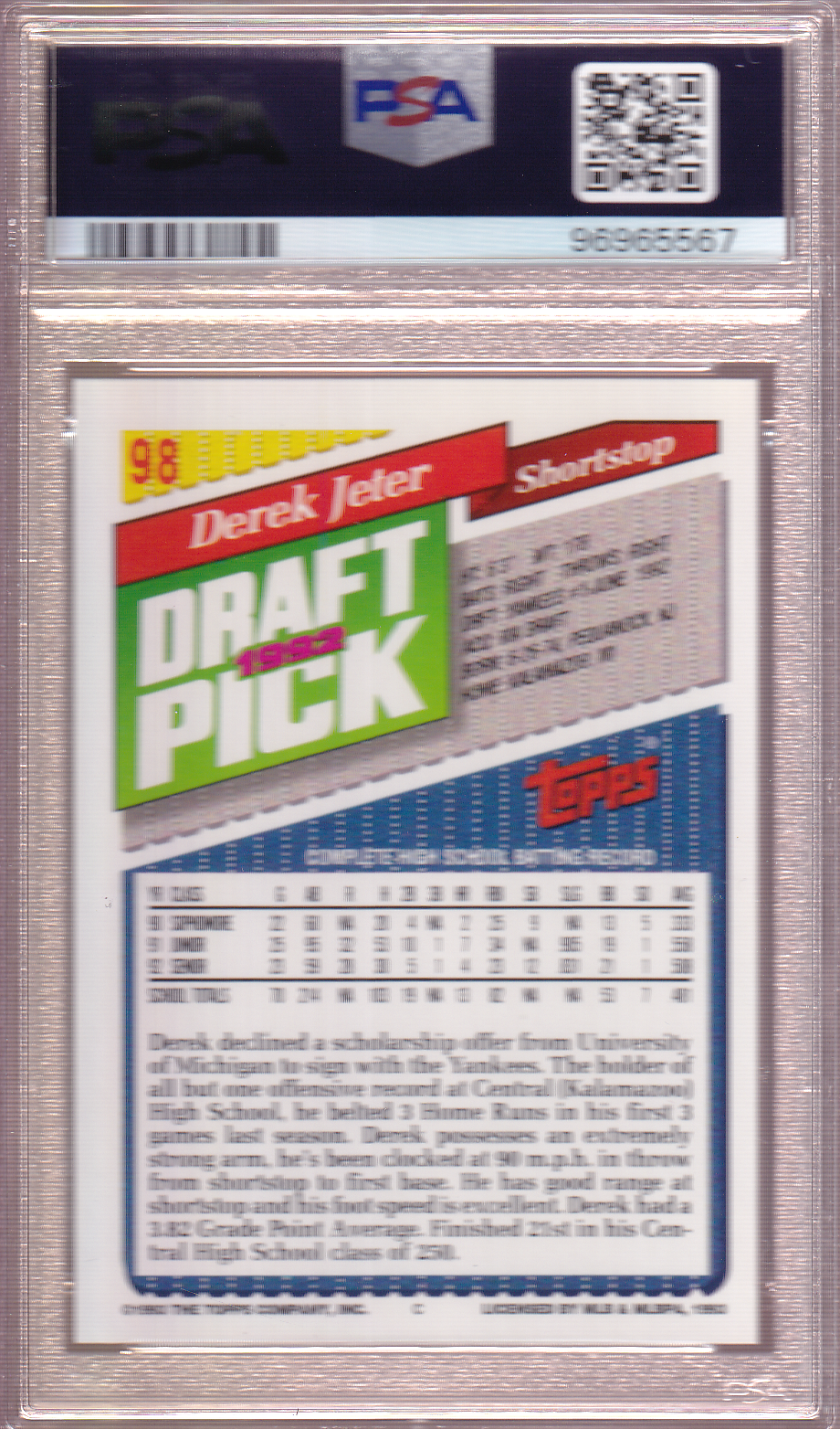 DEREK JETER 1993 Topps Rookie Card #98 PSA 9 New York Yankees RC