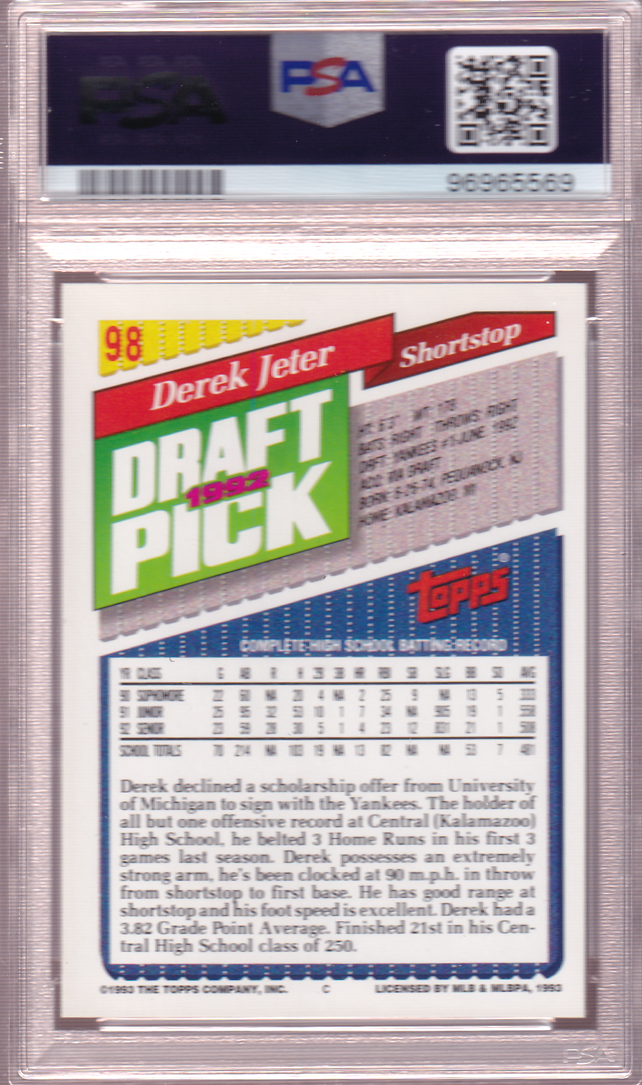 DEREK JETER 1993 Topps Rookie Card #98 PSA 9 New York Yankees RC