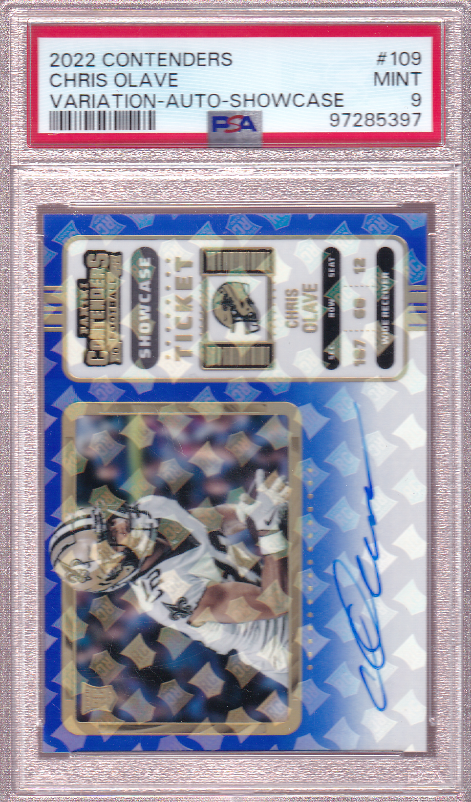 CHRIS OLAVE 2022 Panini Contenders Showcase Ticket Variation Auto Blue #109 PSA 9 New Orleans Saints