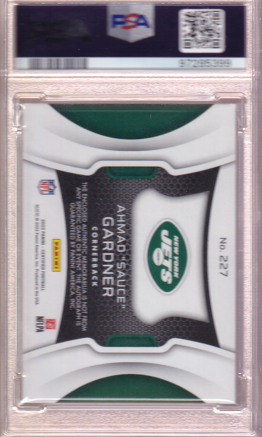 AHMAD "sauce" GARDNER 2022 Panini Certified Signature jersey /349 Rookie Card RC #227 PSA 10 New York Jets