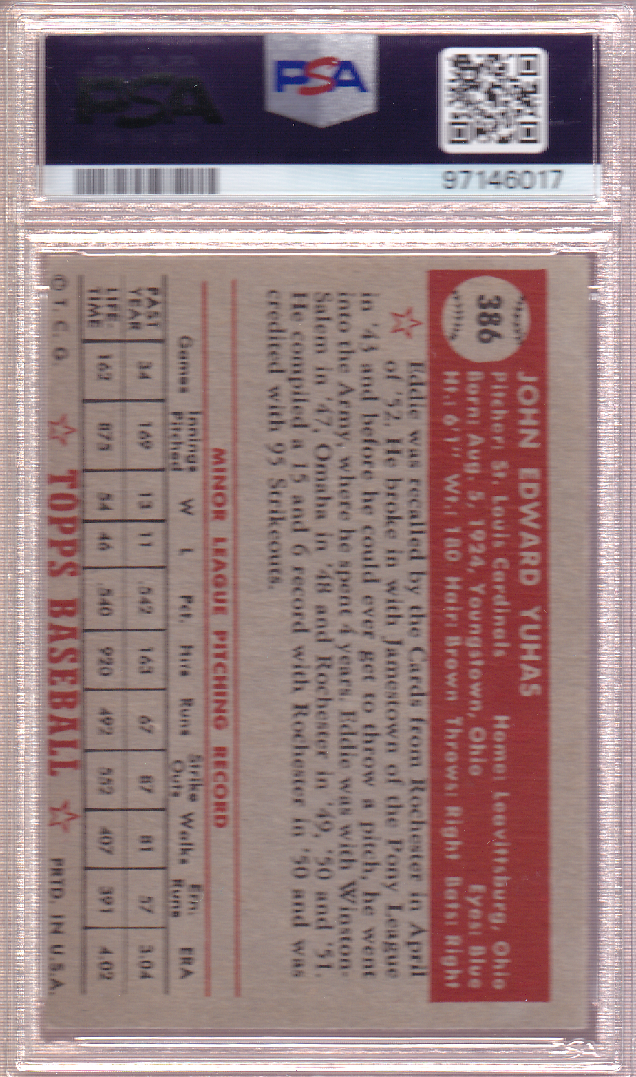 EDDIE YUHAS 1952 Topps Baseball Card #386 PSA 3