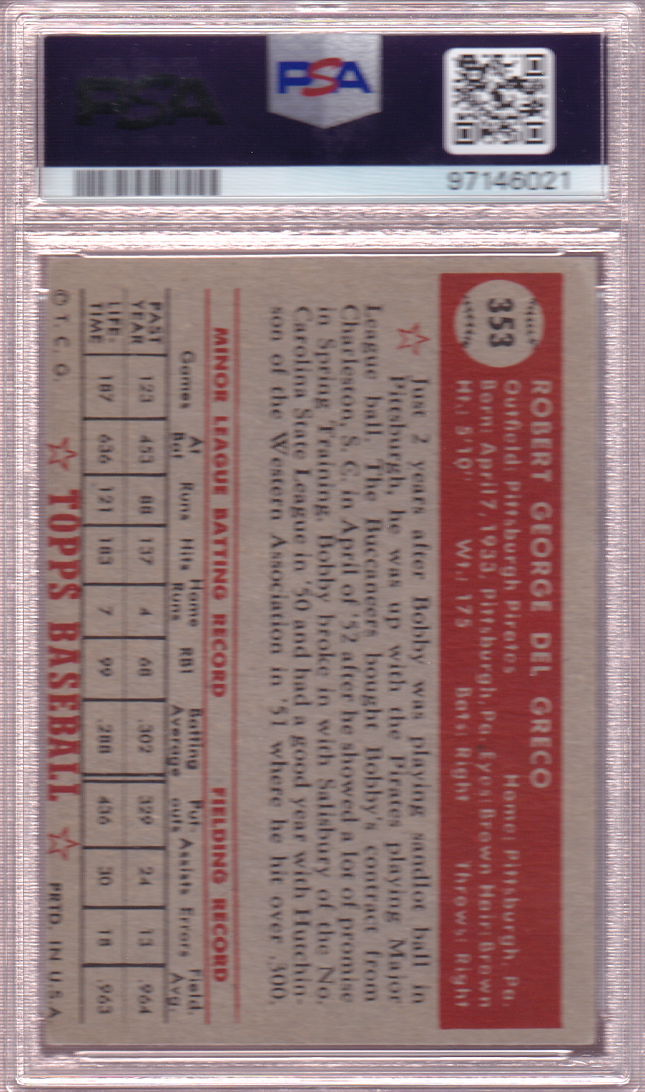 BOB DEL GRECO 1952 Topps Baseball Card #196 PSA 4