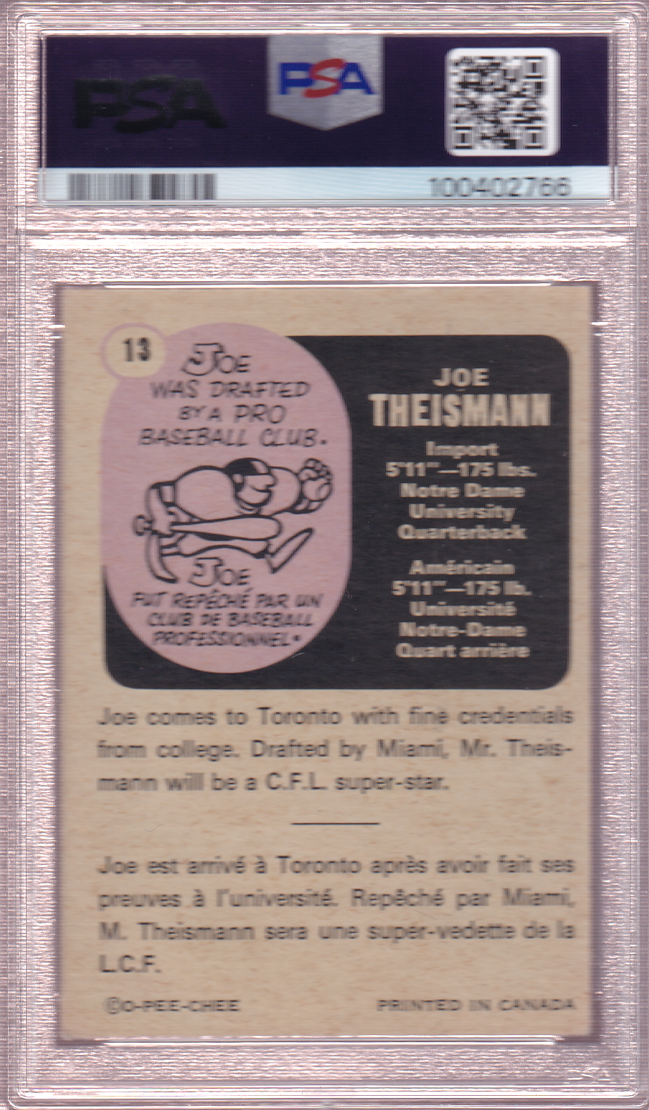 JOE THEISMANN 1971 O-Pee-Chee Toronto Argonauts CFL Card #13 PSA 5
