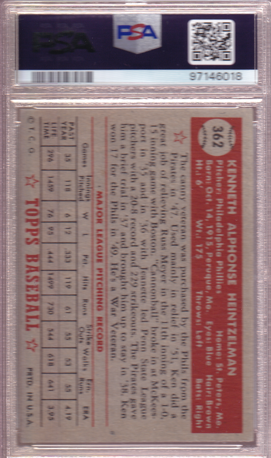 KEN HEINTZELMAN 1952 Topps Baseball Card #362 PSA 4