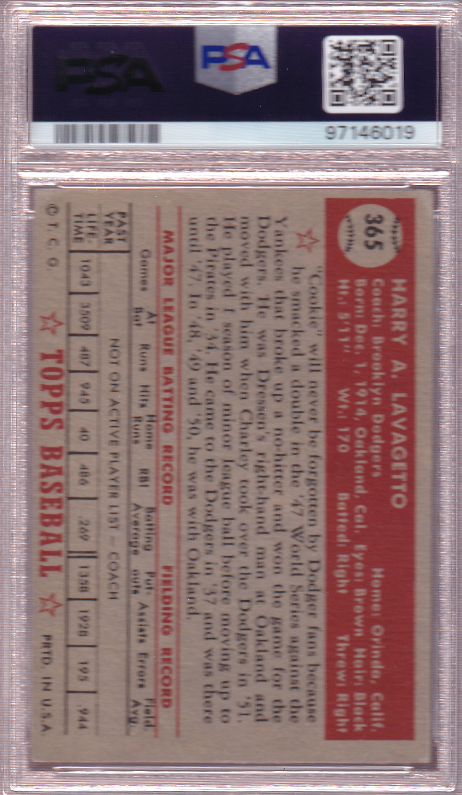 COOKIE LAVAGETTO 1952 Topps Baseball Card #365 PSA 3