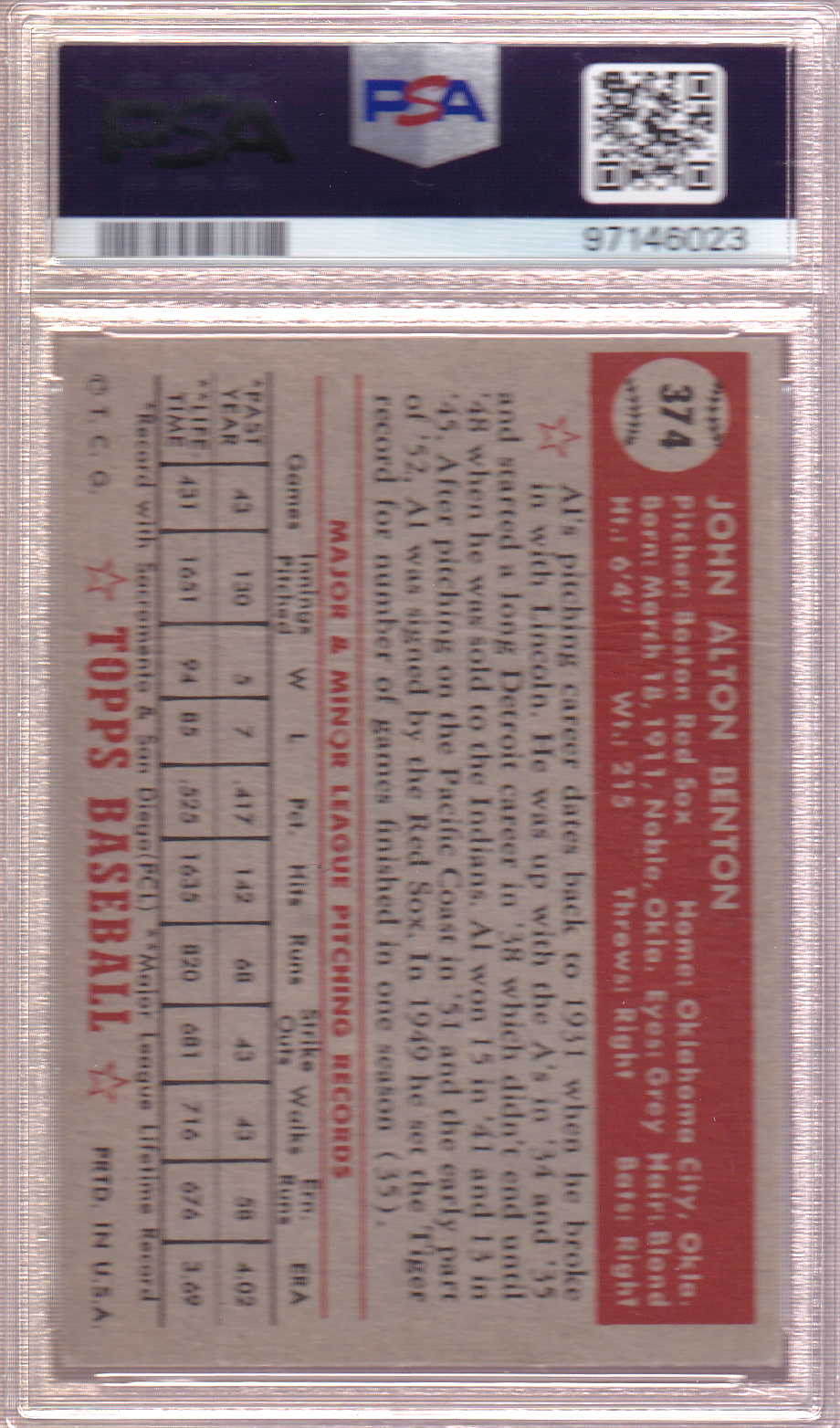 AL BENTON 1952 Topps Baseball Card #374 PSA 2
