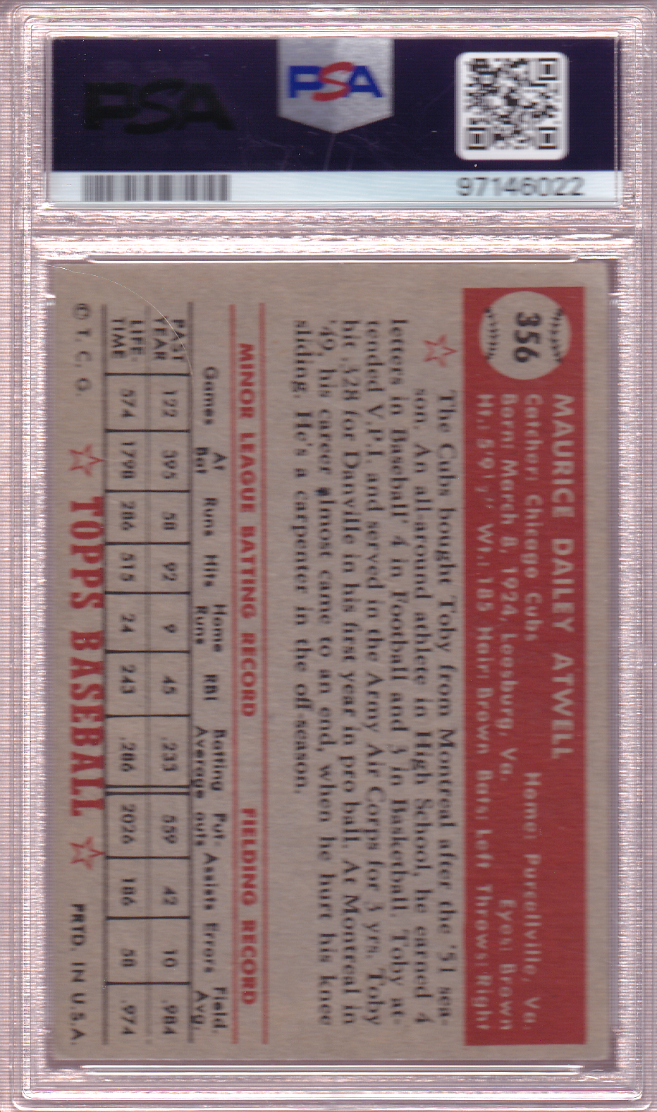 TOBY ATWELL 1952 Topps Baseball Card #356 PSA 3