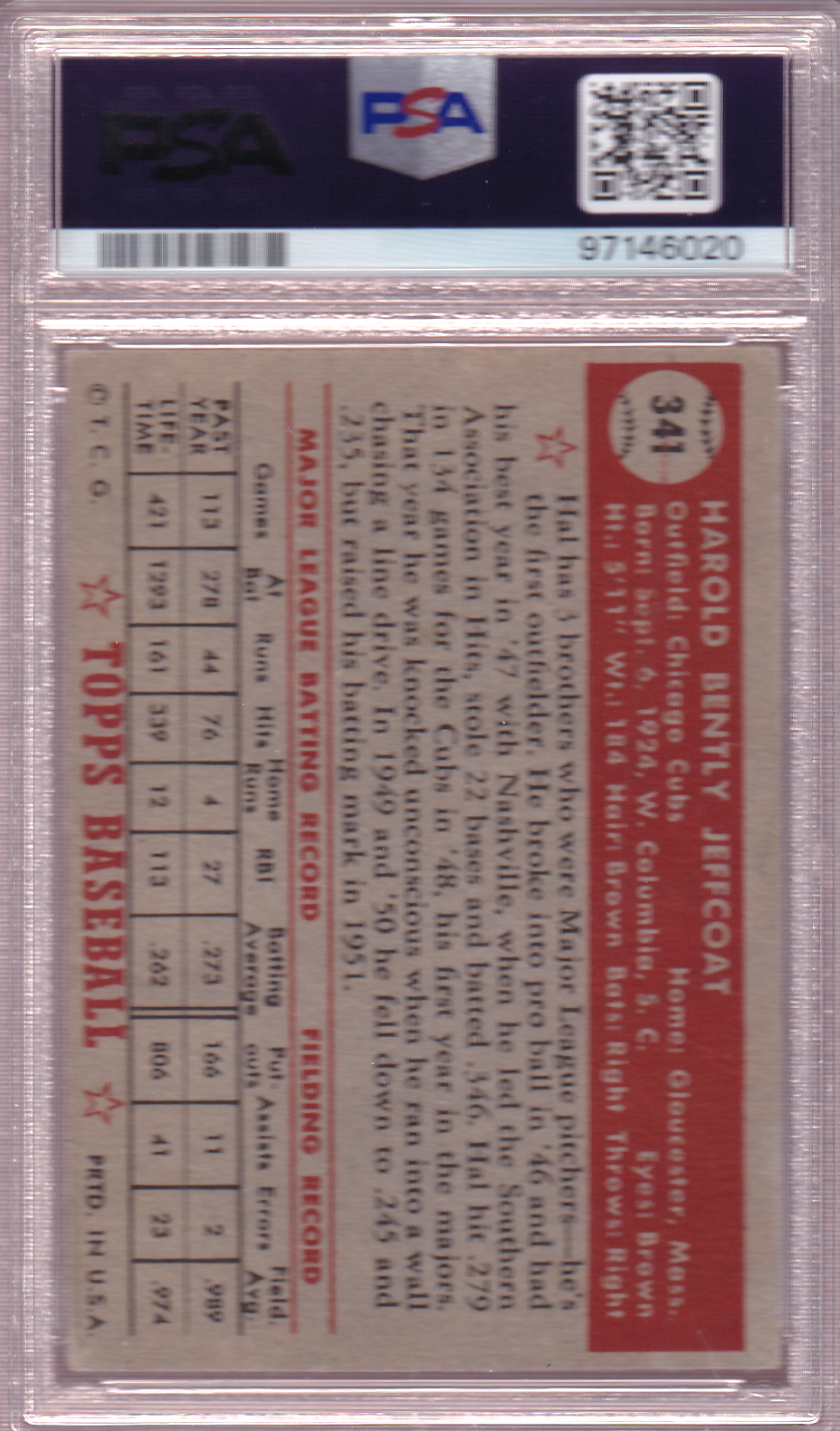 HAL JEFFCOAT 1952 Topps Baseball Card #341 PSA 3