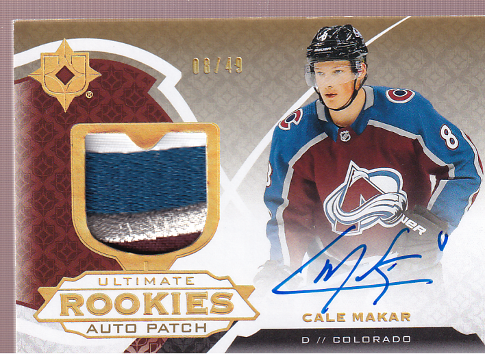 CALE MAKAR 2019-20 UD Ultimate Rookies Auto Patch Card JERSEY # 8/49 Colorado Avalanche RC
